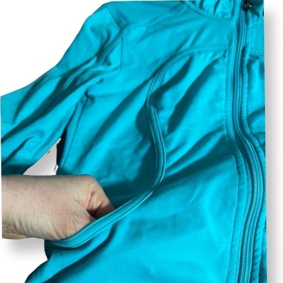Lululemon Sweater Blue Teal High Neck Gathered Arms Pockets. - Picture 8 of 11